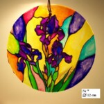 Fioletowe irysy Szkło fusingowe  Koło o średnicy 12 cm