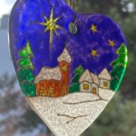Zimowy pejzaż  Szkło fusingowe Kształt serca  Wymiary 10 cm x 10 cm